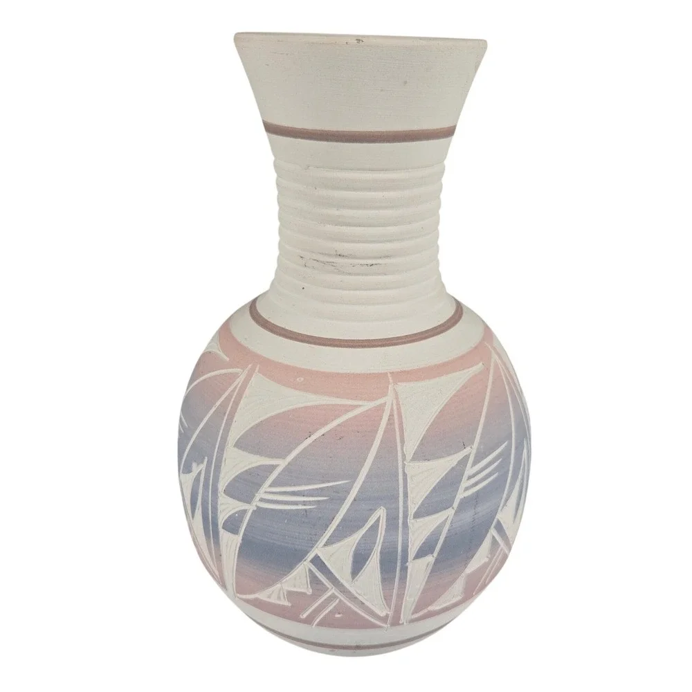 Vintage Mexican Pottery Southwest‎ Style Vase Blue & Pink Pastel on White Signed